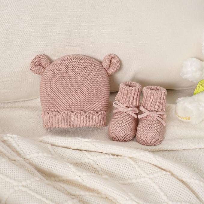 Hadetoto 100% Organic Cotton Baby Beanie and Booties Set | Newborn, Knit Sock - Image 5