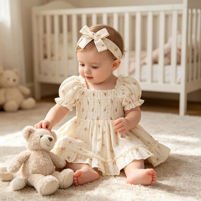 GRNSHTS Baby Girl Romper Dress, Puff Sleeve Smocked Outfit - Image 4