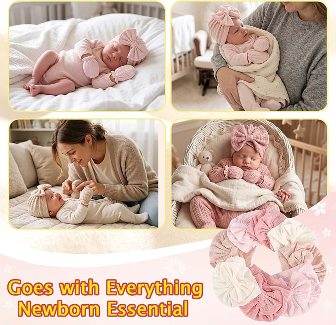 8 Sets Newborn Baby Girl Bow Hats and Mittens Turban Beanies 0-3M | Cotton - Image 6