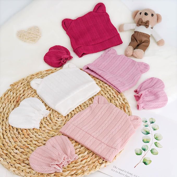 BQUBO Newborn Baby Hats Bear Ears and Mittens Sets Preemie Caps Baby Boy Girl - Image 7