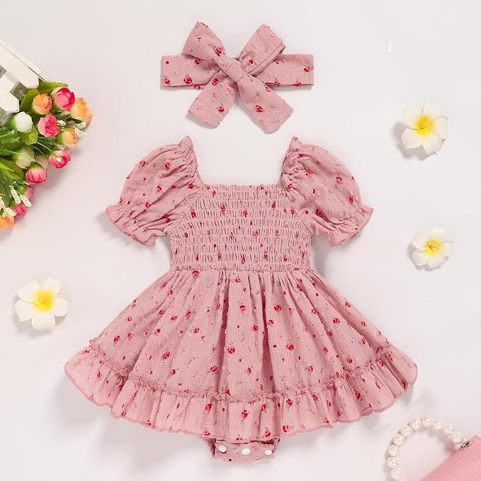GRNSHTS Baby Girl Romper Dress, Puff Sleeve Smocked Outfit - Image 2