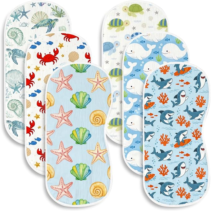 6 Pack Ocean Theme Baby Burp Cloths, 20x10 Contoured Burp Rags by Spriggenix
