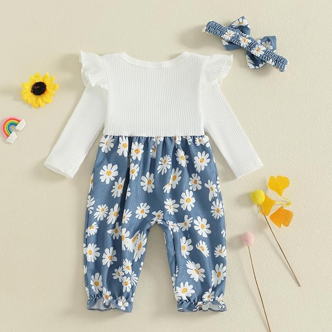 Newborn Baby Girl Clothes Ruffle Sleeve Jumpsuit Corduroy Floral - Image 7