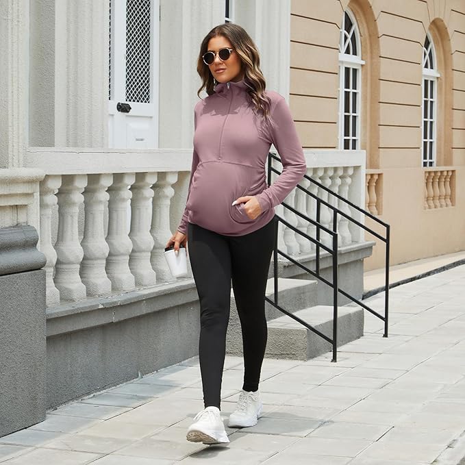 GINKANA Maternity Women's Long Sleeve Shirt Half Zipper Lapel Lightweight Casual Maternity Pullover with Pockets