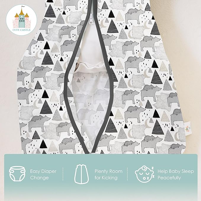 Cute Castle Baby Sleep Sack 12-18 Months - Lightweight 100% Cotton 2-Way Zipper TOG 0.5 Infant Wearable Blanket, Newborn Essentials Toddler Sleep Clothes, 3 Pack(Dark gray, Light gray, Bear)