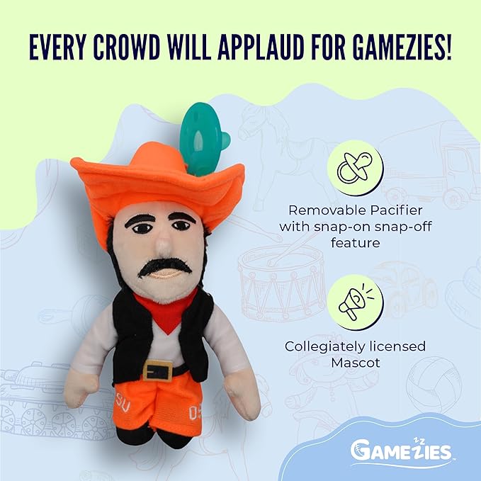Gamezies Baby Boy and Girl Silicone Pacifier with College Mascot Stuffed Toy Plush, Collegiately Licensed, Pistol Pete, Oklahoma State University CPSIA Tested, BPA-Free 0-6 Months