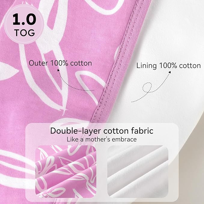 Baby Sleep Sack 6-12 Months 1.0 Tog Baby Wearable Blanket 100% Cotton Sleeping Sack with 2-Way Zipper for Infant Newborn Purple Leaf