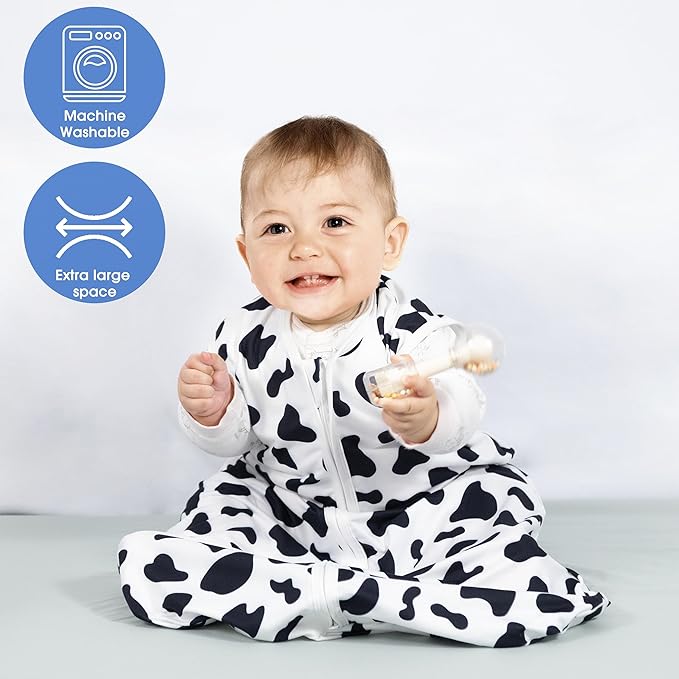 Baby Sleep Sack 12-18 Months Baby Wearable Blanket 100% Rayon Cotton 2-Way Zipper Toddler Sleeping Sack，Comfy Soft Lightweight TOG 0.3（Cow Print）