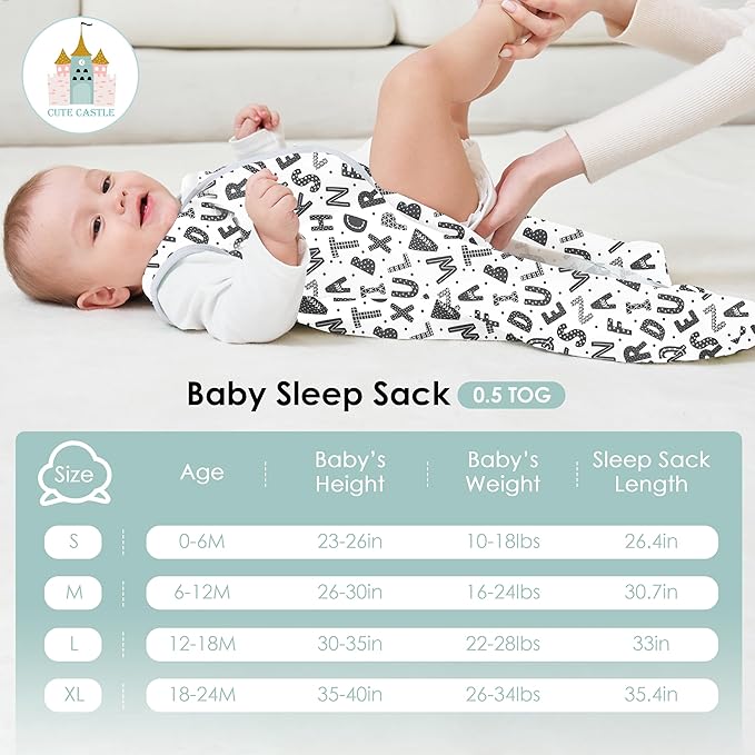 Cute Castle Baby Sleep Sack 18-24 Months - Lightweight 100% Cotton 2-Way Zipper TOG 0.5 Infant Wearable Blanket, Newborn Essentials Toddler Sleep Clothes, 3 Pack(Gray, Letters, Stars)
