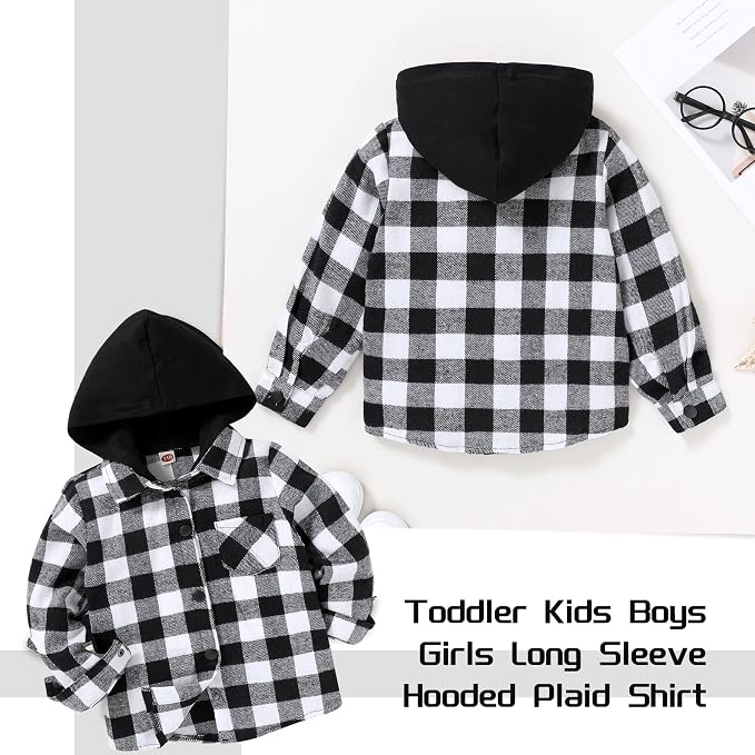 YOUNGER STAR Toddler Kids Boys Girls Flannel Hooded Plaid Shirt Button Baby Red - Image 3