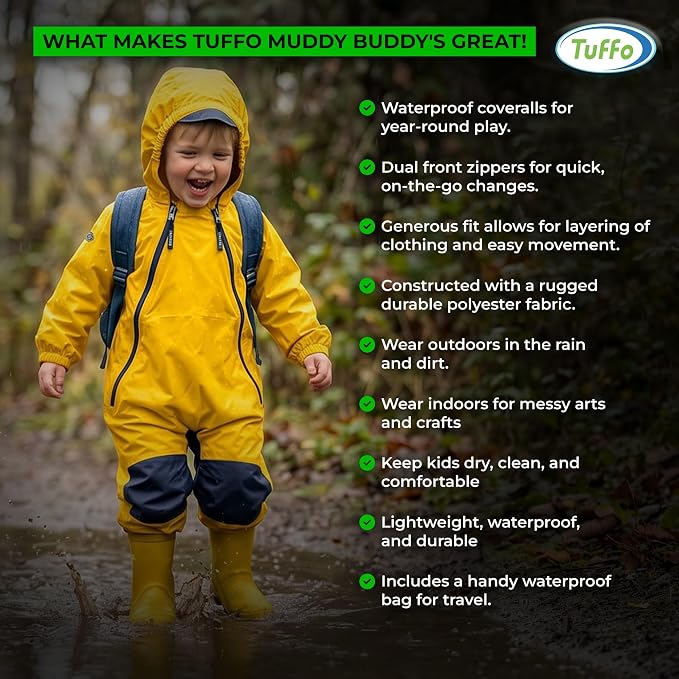 Tuffo Muddy Buddy Kids Waterproof Rain Suit One-Piece Coverall, Dual Zippers - Image 7