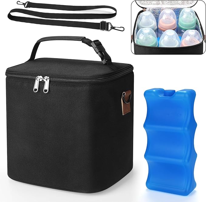Accmor Breastmilk Cooler Bag with Ice Pack, Baby Bottle Cooler Bags, Insulated Bottle Cooler Tote Bags On The Go, Fits 6 Large 9oz Bottles, for Nursing Mom Daycare Travel, Black