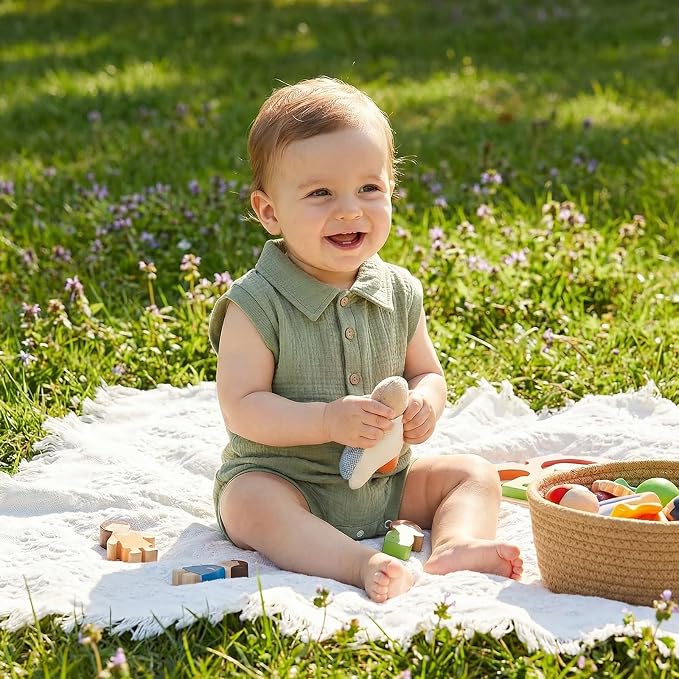 Honganda Newborn Baby Boy Cotton Linen Romper Short Sleeve Lapel Collar Button - Image 3