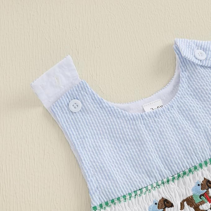 Newborn Baby Boys Sleeveless Seersucker Romper One Piece Straps Overalls - Image 5