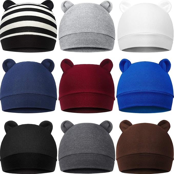 Geyoga 9 Pieces Newborn Baby Hat Bear Ears Infant Caps Baby Boy Girl Toddler by Geyoga