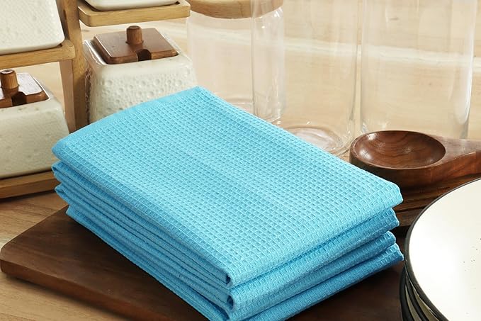 PurpleEssences Waffle Weave Kitchen Towel, 100% Cotton - 15 x 25 Inches, with Hanging Loop Ultra Soft Absorbent Quick Drying Dish Cloth, Tea and Hand Towels, 4 Pack -Fall Thanksgiving - Aqua Blue