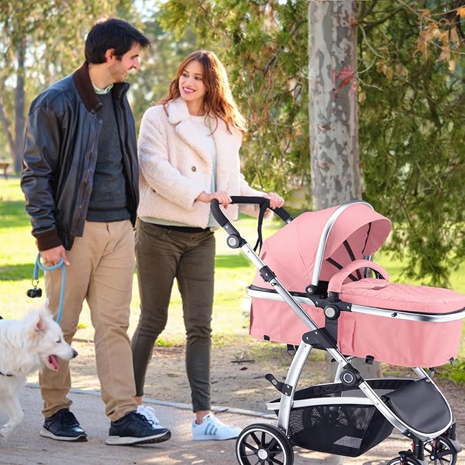 Baby Stroller, 2-in-1 Reversible Toddler Seat with Bassinet Mode, Foldable Infant Stroller with Canopy, One Button Brake, Adjustable Handle, Newborn Pushchair(Pink)