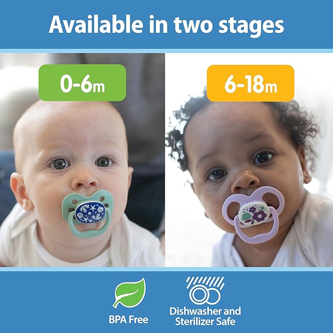 Dr. Brown's Advantage Glow-in-the-Dark Baby Pacifier, Fully Symmetrical Soother with Soft Silicone Bulb, Lavender Love-Coral Ocean, 0-6m, BPA Free, 4 Pack