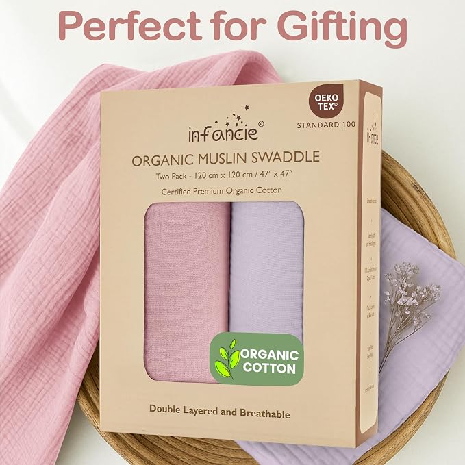 100% Organic Cotton Baby Muslin Blanket 2 Pack 47x47 in Girl Gift | Oeko-TEX - Image 9