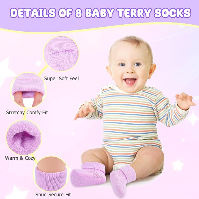 8 Pairs Newborn Socks Thick Cotton Terry Turn Cuff Baby Socks 0-6 Months Cute - Image 3