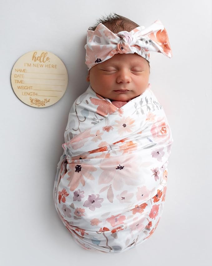 Newborn Baby Swaddle Set Headband Beanie and Name Card - Image 8