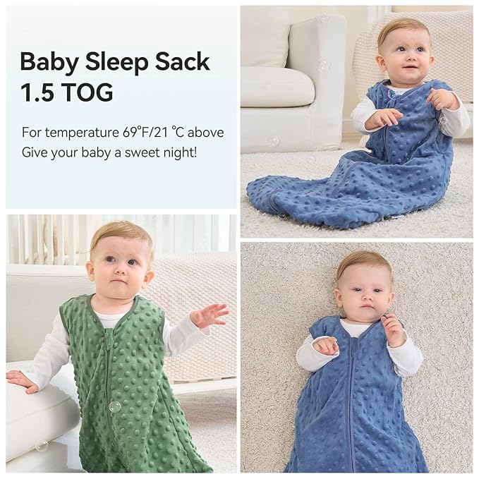 Fleece Baby Sleep Sack 0-6 Months with Plush Dots 1.5 Tog Baby Wearable Blanket with 2-Way Zipper Warm Sleeping Sack for Toddler Infant Newborn - Small, Blue&Green