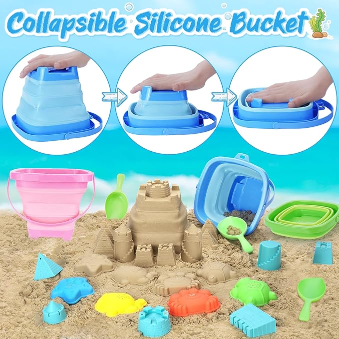 Collapsible Beach Toys for Kids, 3 Pack Foldable Sand Buckets and Shovels Set with Mesh Bag, Silicone Pails for Beach Travel Essentials, Easter Egg Hunt, Sand Toys Molds for Kids and Toddlers