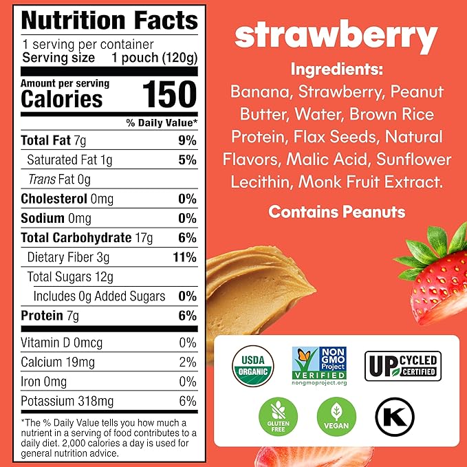 Noka Superfood Fruit & Nut Butter Smoothie Pouches, Healthy Snacks (Strawberry Peanut Butter) 6 Pack, Vegan, Plant Protein, Gluten-Free, Organic, Meal Replacement Squeeze Packs, 4.22oz Ea