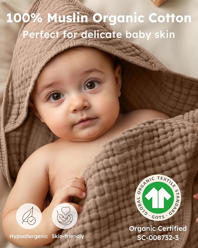Yoofoss Hooded Baby Bath Towels 2 Pack 100% Muslin Organic Cotton - Image 2