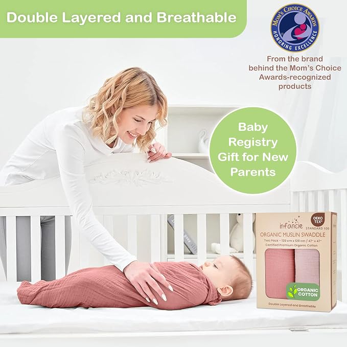 100% Organic Cotton 2 PK Baby Muslin Swaddle Blankets Girl 47x47in | Oeko-TEX - Image 3