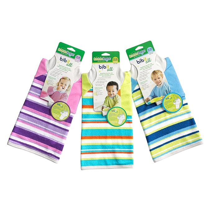 Kiddologic Bibit-all Baby Feeding Bib, Long Sleeves, Ribbed Cuffs, High Collar, Stretchy Pullover Smock, Soft Absorbent Terry, Waterproof Lining, Unisex Toddler 12-36 Months, Fresh Lime (Green) Stripe