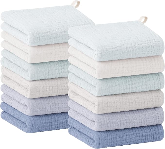 Bearmoss 12 Pack Baby Muslin Washcloths, 100% Cotton 10"x10" Face Towels by Bearmoss