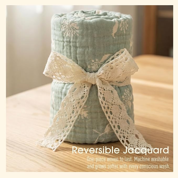 Muslin Baby Blanket, Organic Cotton Blend Jacquard | 43x43 Inches, Reversible - Image 6