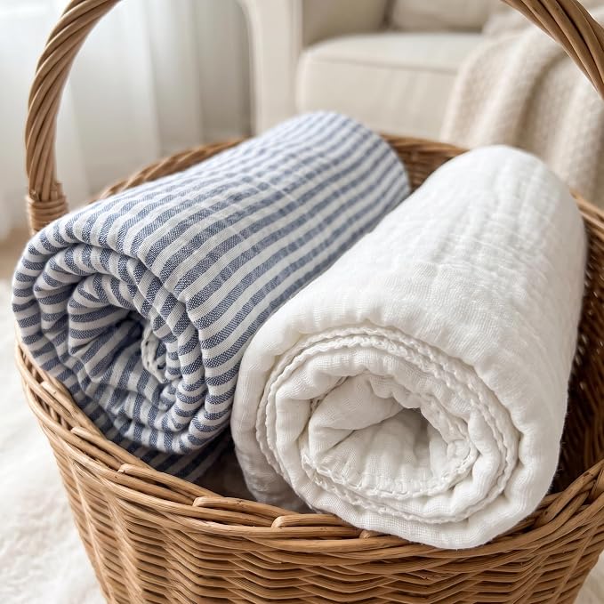 Blue Striped Muslin Baby Blanket, Ultra Soft Cotton Swaddle 43x43 in | Jacquard - Image 7