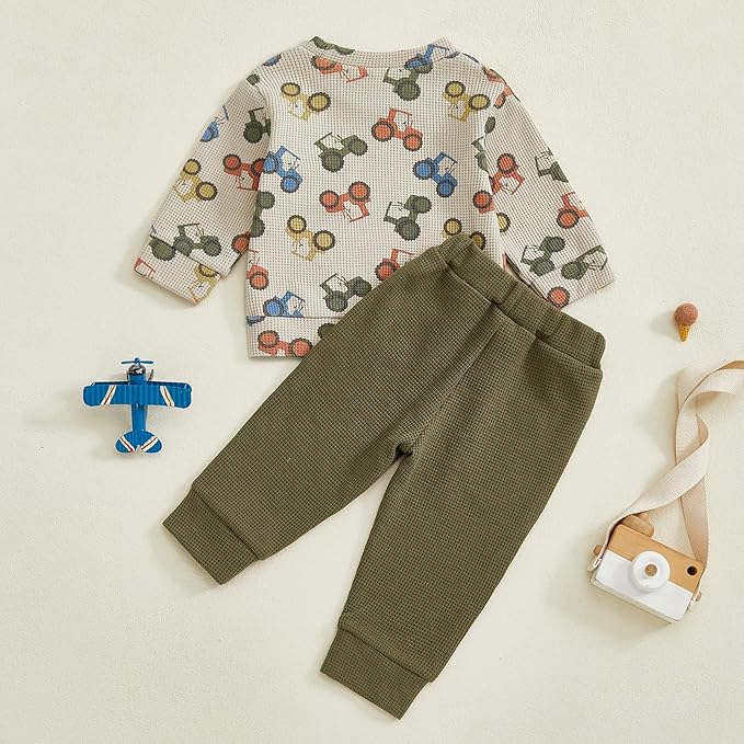 Toddler Baby Boy Fall Clothes Waffle Outfit Long Sleeve Color Blocking Sweatshirt Pullover Jogger Pant Set