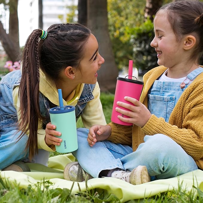 Candy Tumbler, 20 oz Kids Insulated Stainless Steel Water Bottle with Spill Resistant Silicone-Metal Straw and 2-in-1 Lid, BPA-Free, Cup Holder Friendly, Dishwasher Safe, Dark Black