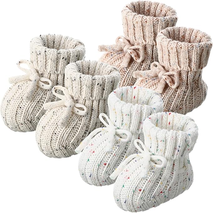 Evervibe 3 Pair Knitted Baby Booties | 100% Cotton, 0-6 Months Newborn by Evervibe