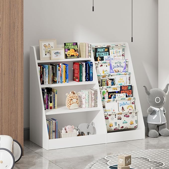 4 Tier Kids Wooden Bookshelf,Five Layer Sling Bookcase,Baby Storage Book Rack,Kids Book and Toy Organizer Cabinet Chest,Infant Book Display,Playroom Kids Room Classroom Nursery Bedroom