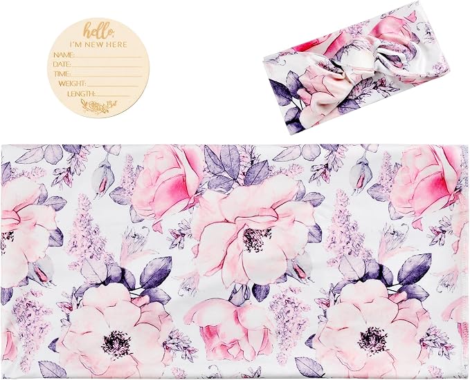 Newborn Baby Swaddle Set Headband Beanie and Name Card - Image 2