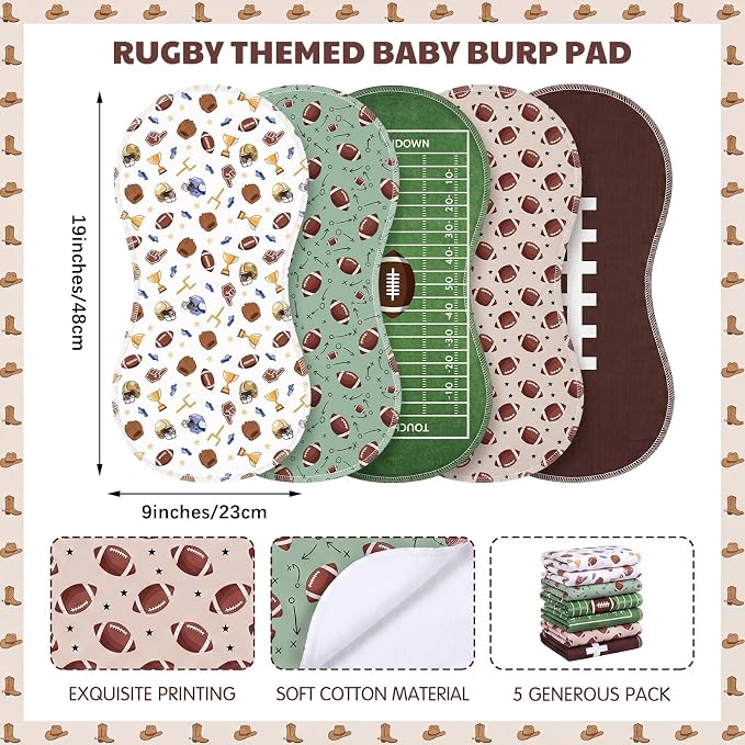SmoothNovelty 5 Pack Football Baby Burp Cloths Soft Absorbent Burping Rags - Image 2