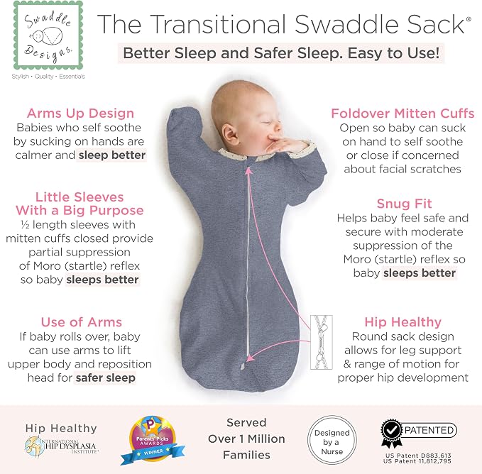 SwaddleDesigns Transitional Swaddle Sack, Arms Up Half-Length Sleeve & Mitten - Image 2
