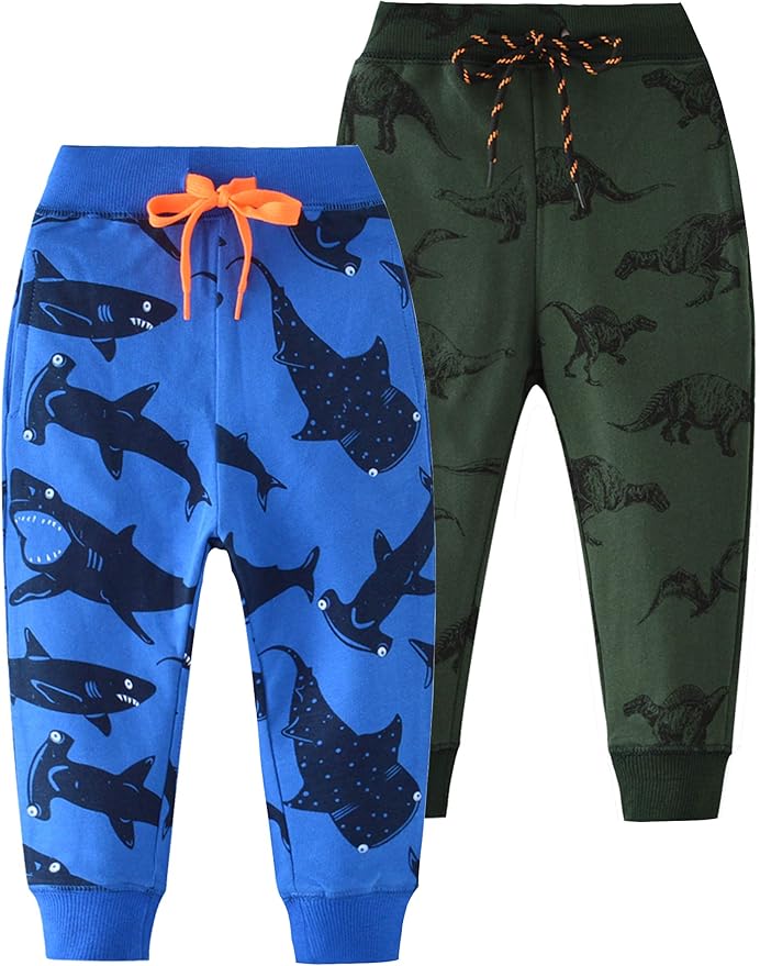 HUAER& Baby Boy's Jogger Pants Dinosaur Car Animal Print Drawstring Elastic Sweatpants 2-Pack