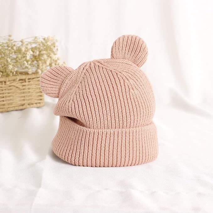 Hadetoto Cotton Baby Beanie Winter Knitted Hat, 2 Pack | Bear Ear Design - Image 6