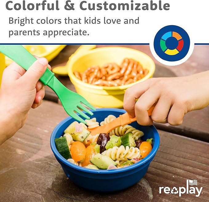 Re-Play Toddler Forks and Spoons Set - 4x4 Utensils Set for Kids - Dishwasher and Microwave Safe - Made in USA - Pack of 8 - Sand Beige