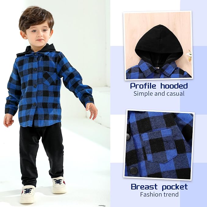 YOUNGER STAR Toddler Kids Boys Girls Flannel Hooded Plaid Shirt Button Baby Red - Image 5