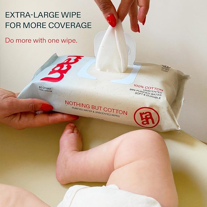 Raan, 100% Cotton Baby & Toddler Wipes, Unbleached, 99% Purified Water, Unscented, EWG verified, Made for Sensitive Skin, Extra Soft and Durable, 4 pack, 240 Count