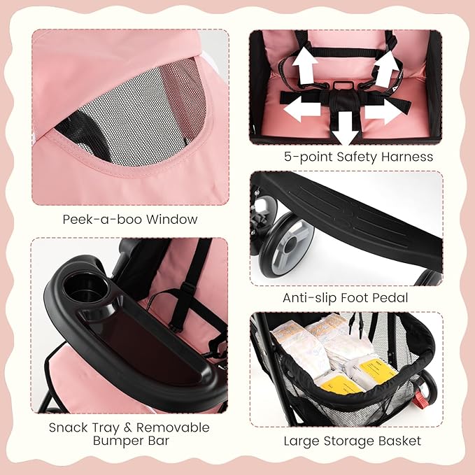 Baby Joy Lightweight Stroller, Compact Toddler Travel Stroller for Airplane, Infant Stroller w/Adjustable Backrest/Footrest/Canopy, 5-Point Harness, Storage Basket, Easy One-Hand Fold (Pink)