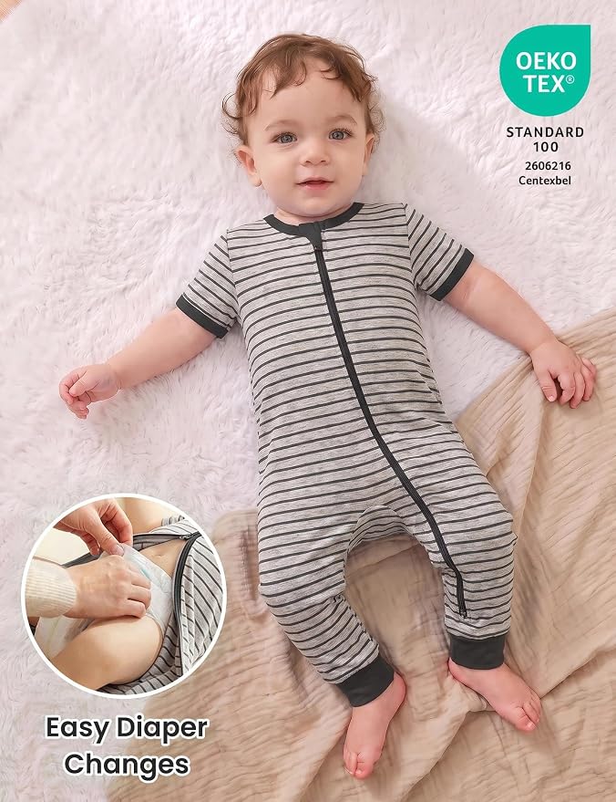 Jimonda Baby Romper Short Sleeve Cotton Pajamas 2-Way Zipper - Image 4