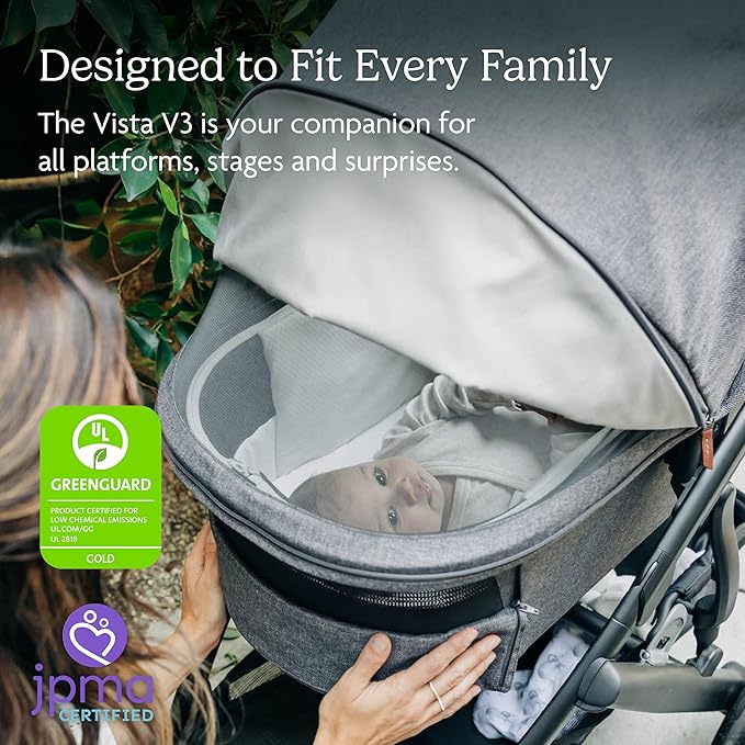UPPAbaby Vista V3 Stroller + Bassinet V3 - Convertible Single-to-Double Stroller System- Bassinet, Toddler Seat, Bug Shield, Rain Shield Included - Jake (Charcoal/Carbon Frame/Black Leather)