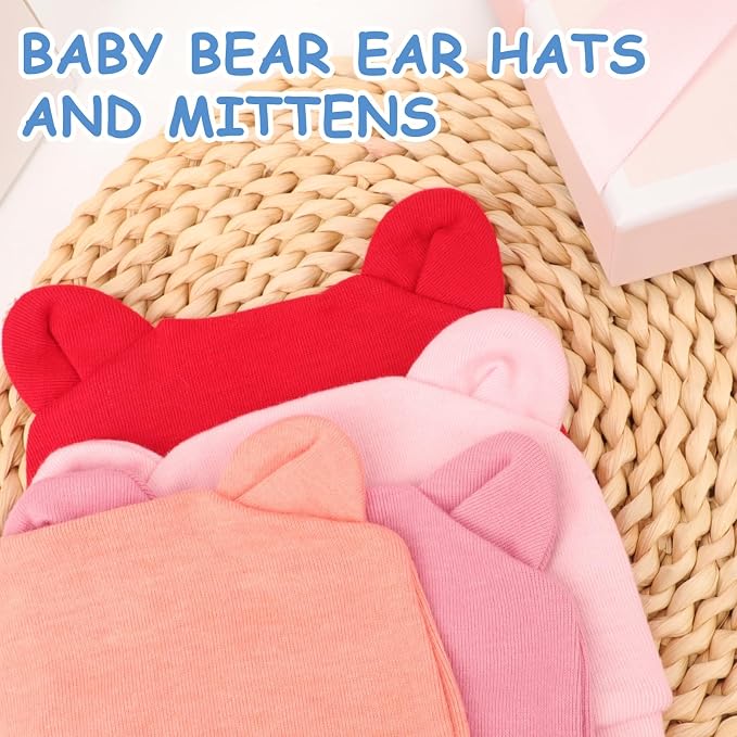 BQUBO Newborn Baby Bear Ears Hats and Mittens Sets Preemie Cotton Caps Baby Boy - Image 6